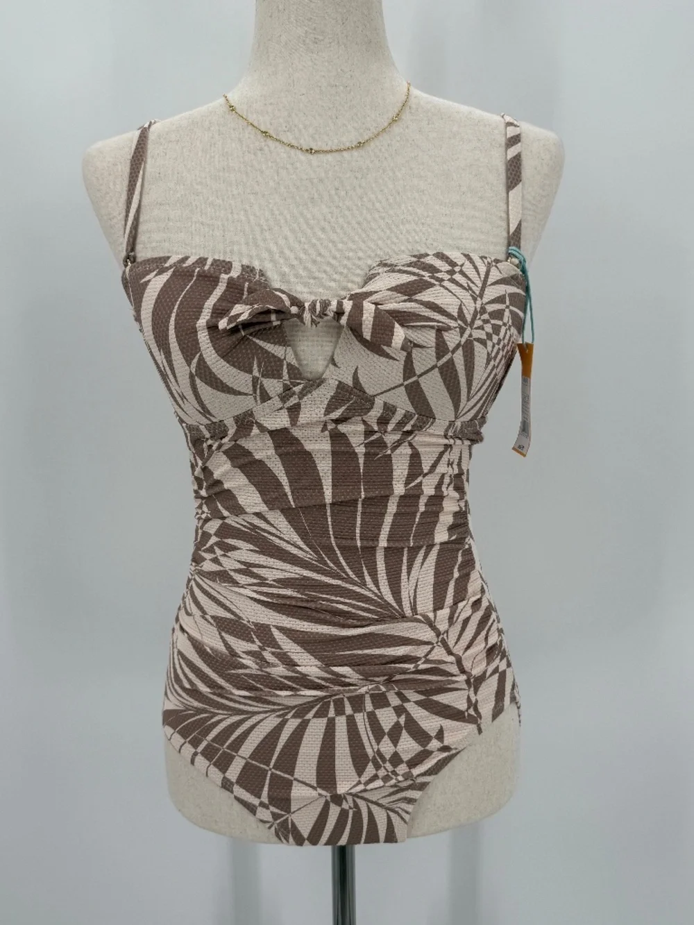 One Piece Swimsuit Palm Leaf Tan Brown Front Tie Keyhole Ruched Women XS
